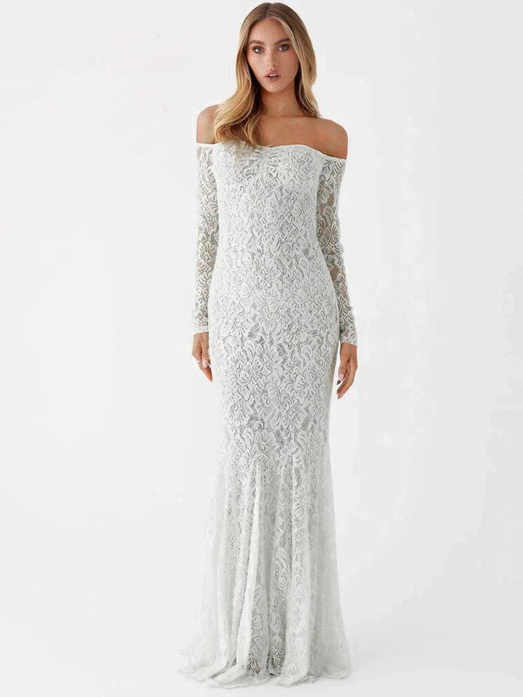 Maxi Dresses- Elegant Lace Off-Shoulder Maxi Dress- White- IndioGear.com