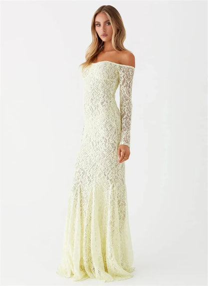 Maxi Dresses- Elegant Lace Off-Shoulder Maxi Dress- - IndioGear.com