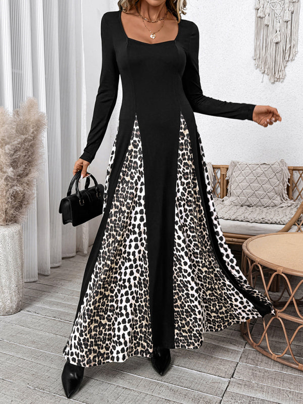 Maxi Dresses- Elegant Leopard Panel Maxi Dress for Winter Events- - IndioGear Women Clothing