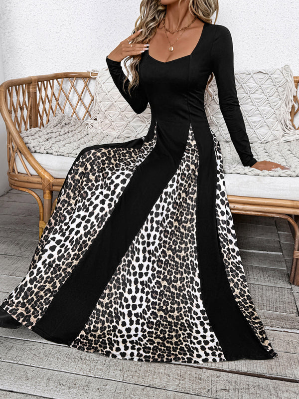 Maxi Dresses- Elegant Leopard Panel Maxi Dress for Winter Events- - IndioGear Women Clothing