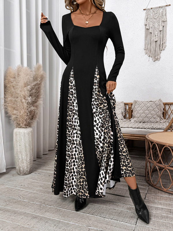 Maxi Dresses- Elegant Leopard Panel Maxi Dress for Winter Events- - IndioGear Women Clothing