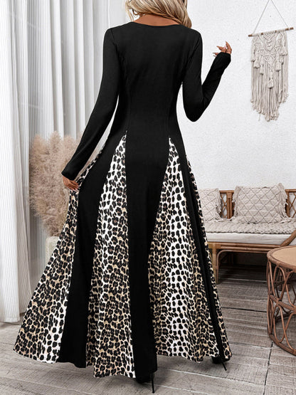 Maxi Dresses- Elegant Leopard Panel Maxi Dress for Winter Events- - IndioGear Women Clothing