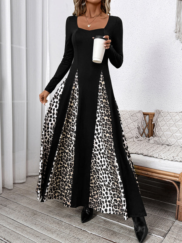 Maxi Dresses- Elegant Leopard Panel Maxi Dress for Winter Events- - IndioGear Women Clothing