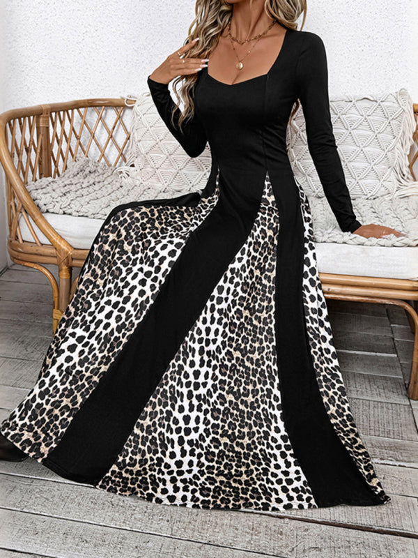 Maxi Dresses- Elegant Leopard Panel Maxi Dress for Winter Events- - IndioGear Women Clothing