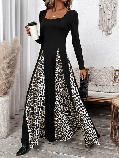 Maxi Dresses- Elegant Leopard Panel Maxi Dress for Winter Events- - IndioGear Women Clothing