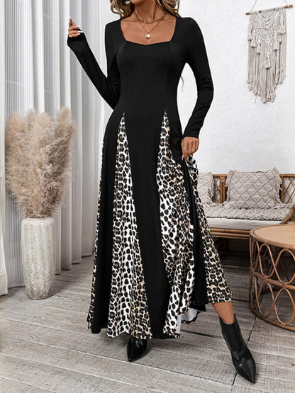 Maxi Dresses- Elegant Leopard Panel Maxi Dress for Winter Events- - IndioGear Women Clothing