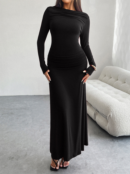 Maxi Dresses- Elegant Long-Sleeve Maxi Dress for Autumn Cocktails- Black- IndioGear.com