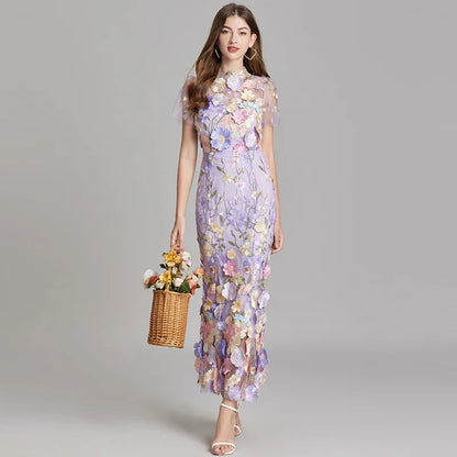 Maxi Dresses- Elegant Mesh Fishtail Dress with 3D Flower Appliqué- - IndioGear Women Clothing