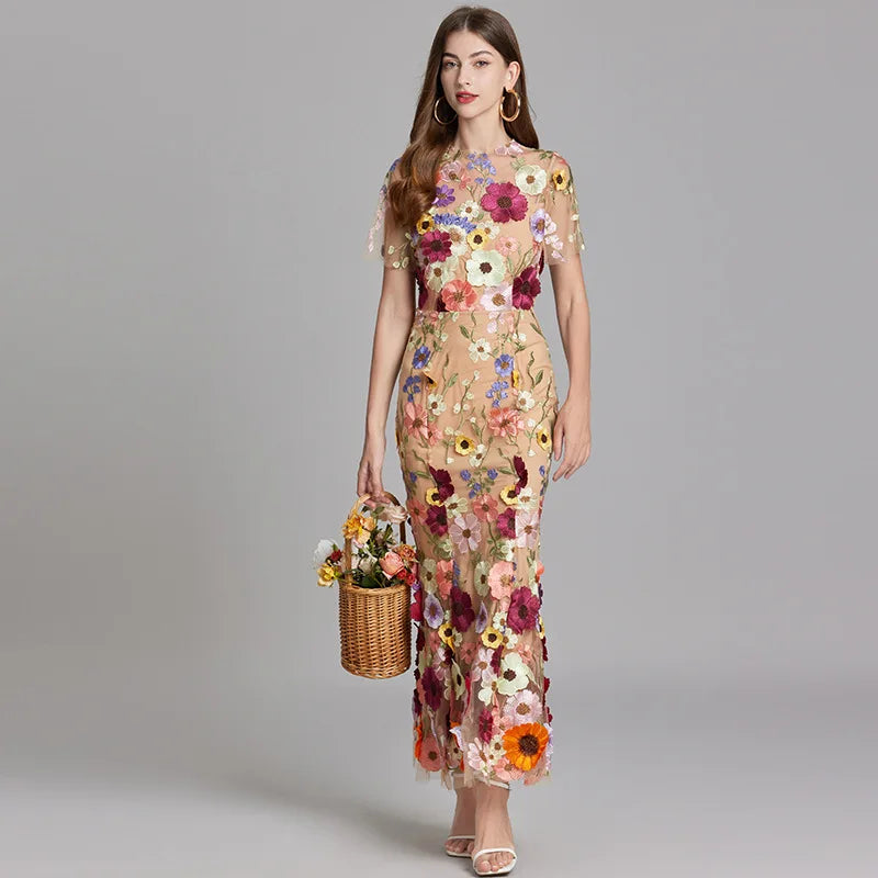 Maxi Dresses- Elegant Mesh Fishtail Dress with 3D Flower Appliqué- - IndioGear Women Clothing