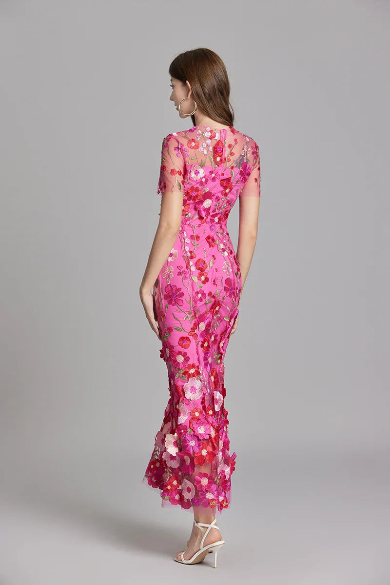 Maxi Dresses- Elegant Mesh Fishtail Dress with 3D Flower Appliqué- - IndioGear Women Clothing