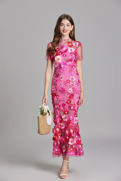 Maxi Dresses- Elegant Mesh Fishtail Dress with 3D Flower Appliqué- Rose Red- IndioGear Women Clothing