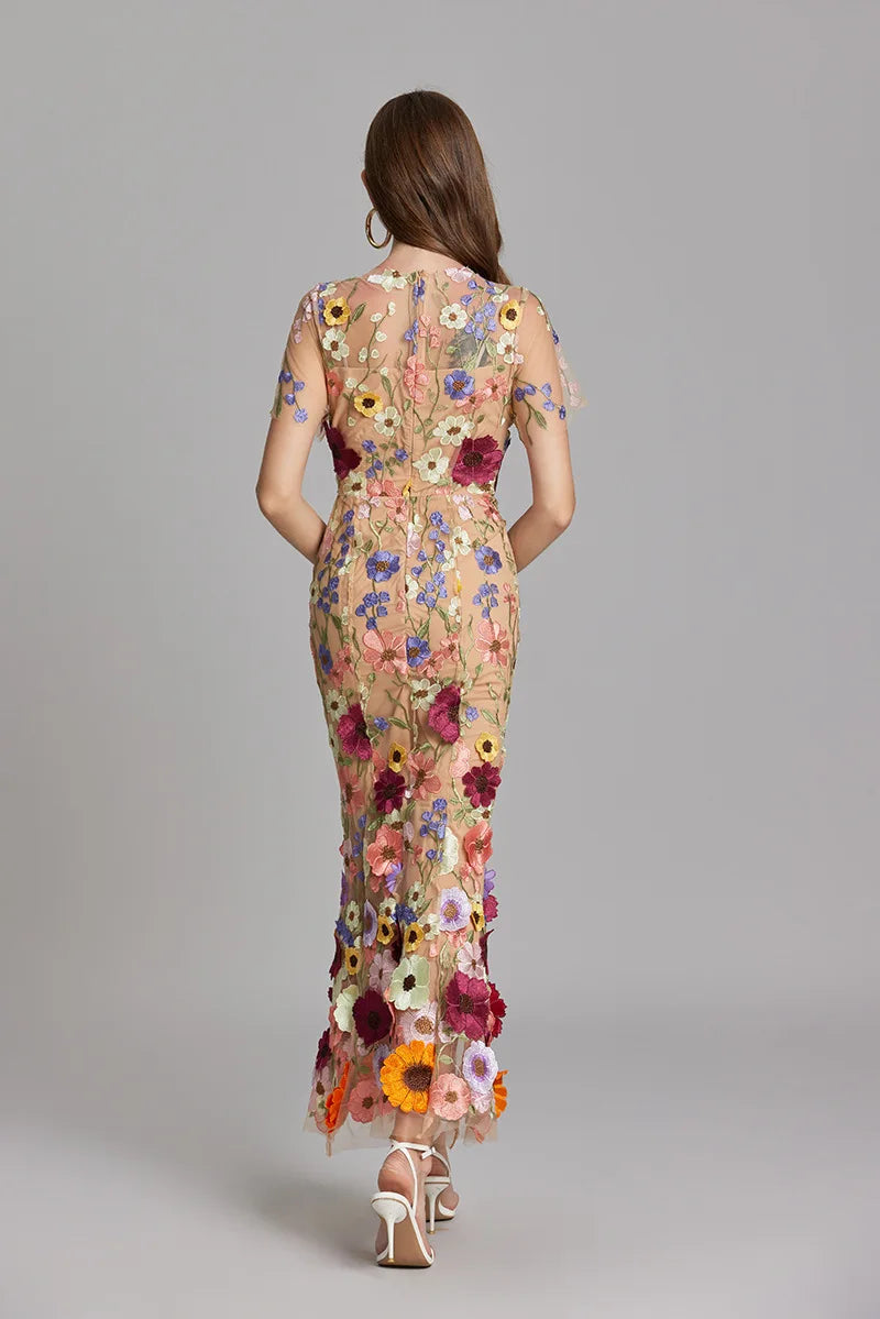 Maxi Dresses- Elegant Mesh Fishtail Dress with 3D Flower Appliqué- - IndioGear Women Clothing