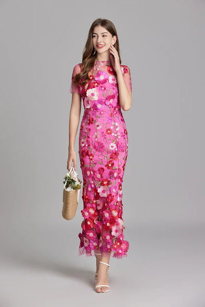 Maxi Dresses- Elegant Mesh Fishtail Dress with 3D Flower Appliqué- - IndioGear Women Clothing