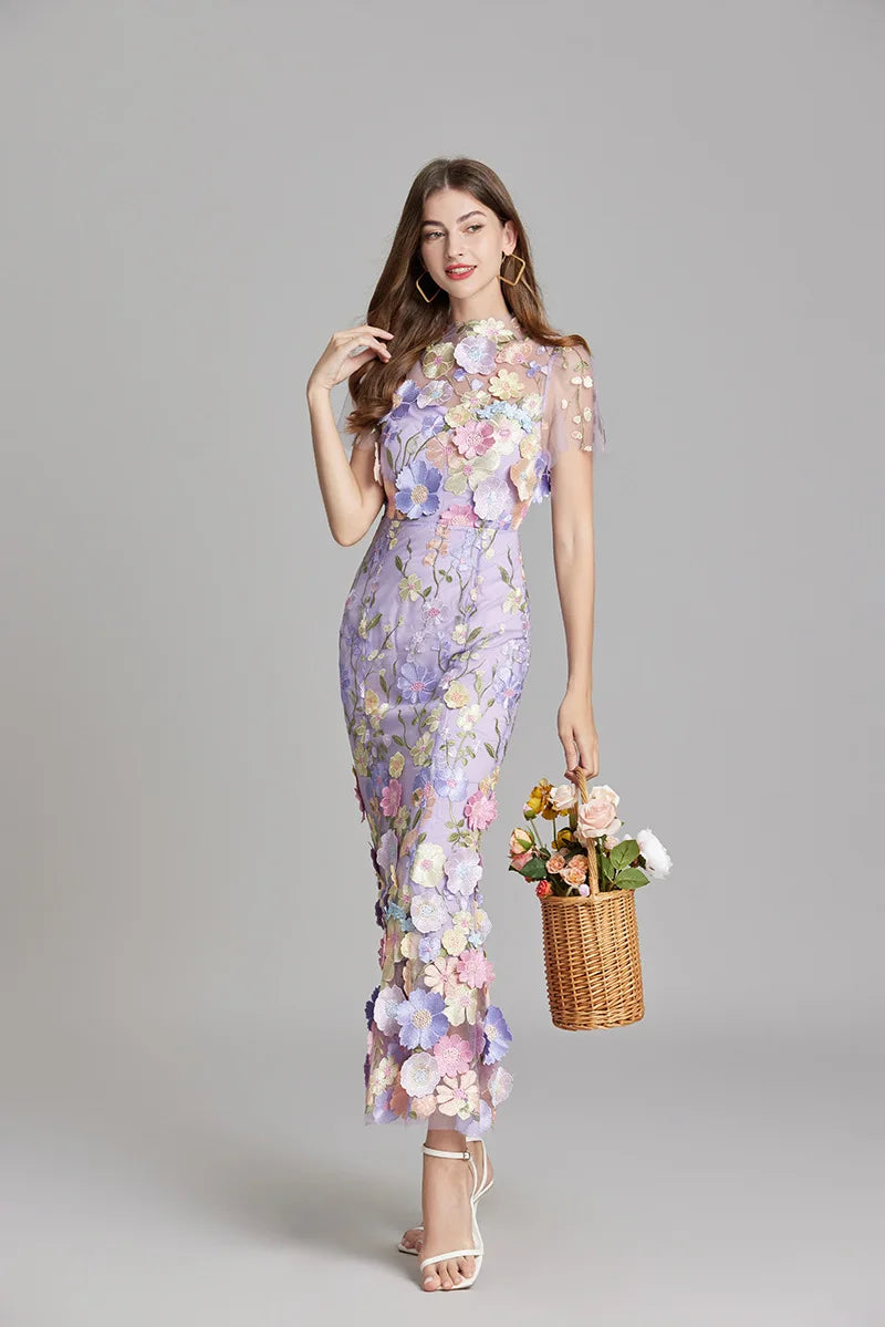 Maxi Dresses- Elegant Mesh Fishtail Dress with 3D Flower Appliqué- - IndioGear Women Clothing