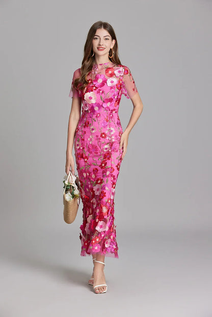 Maxi Dresses- Elegant Mesh Fishtail Dress with 3D Flower Appliqué- - IndioGear Women Clothing