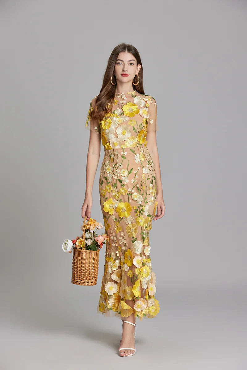 Maxi Dresses- Elegant Mesh Fishtail Dress with 3D Flower Appliqué- Yellow- IndioGear Women Clothing