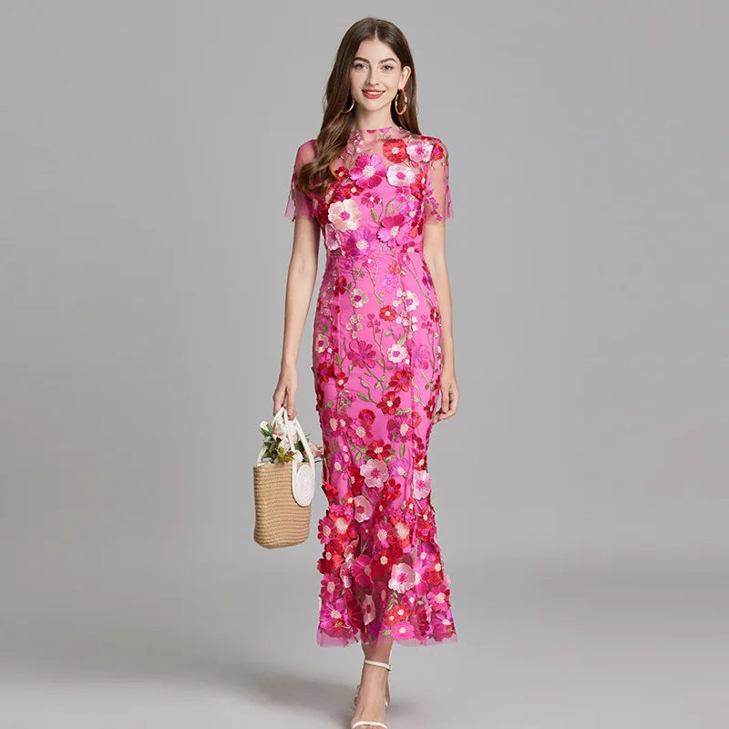 Maxi Dresses- Elegant Mesh Fishtail Dress with 3D Flower Appliqué- - IndioGear Women Clothing