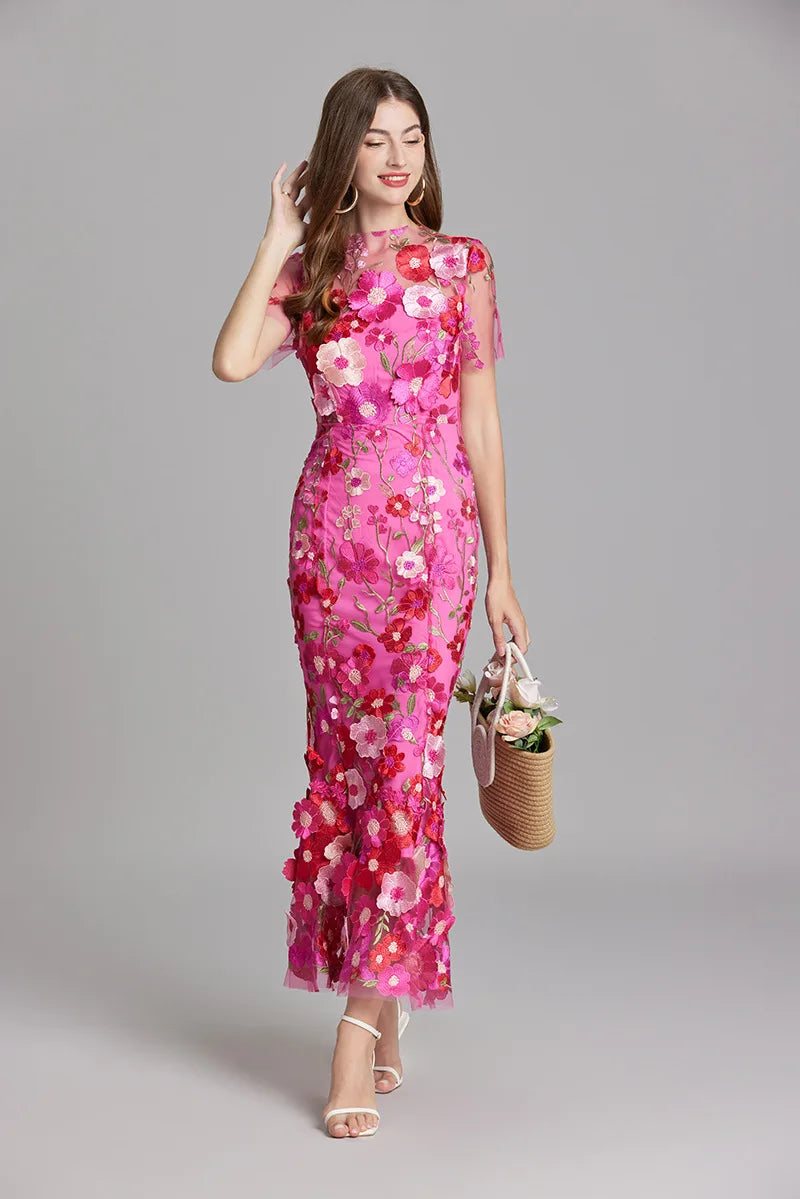 Maxi Dresses- Elegant Mesh Fishtail Dress with 3D Flower Appliqué- - IndioGear Women Clothing