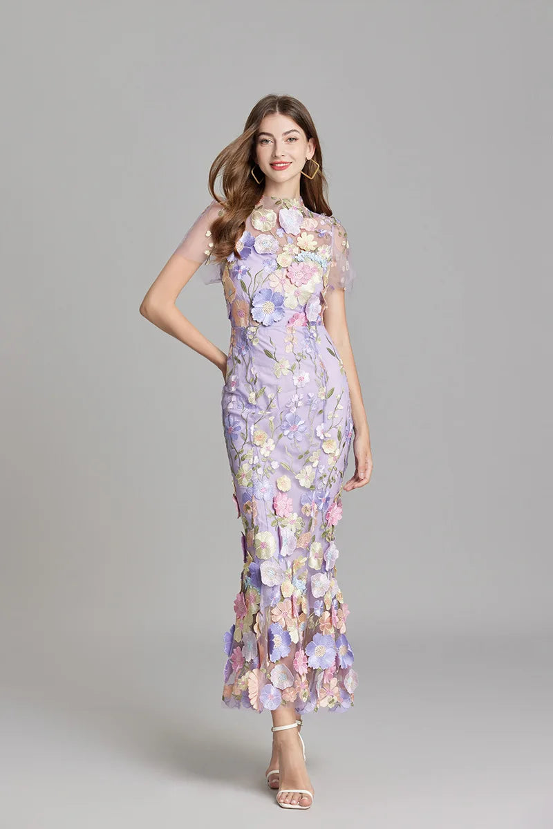 Maxi Dresses- Elegant Mesh Fishtail Dress with 3D Flower Appliqué- - IndioGear Women Clothing