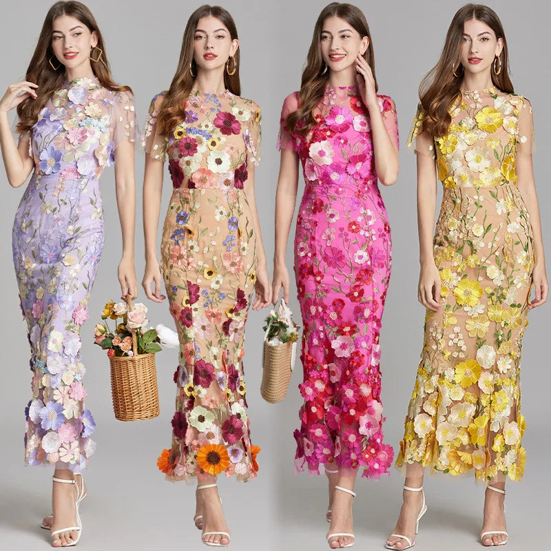 Maxi Dresses- Elegant Mesh Fishtail Dress with 3D Flower Appliqué- - IndioGear Women Clothing