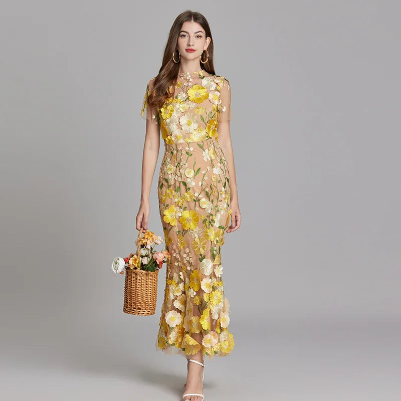 Maxi Dresses- Elegant Mesh Fishtail Dress with 3D Flower Appliqué- - IndioGear Women Clothing