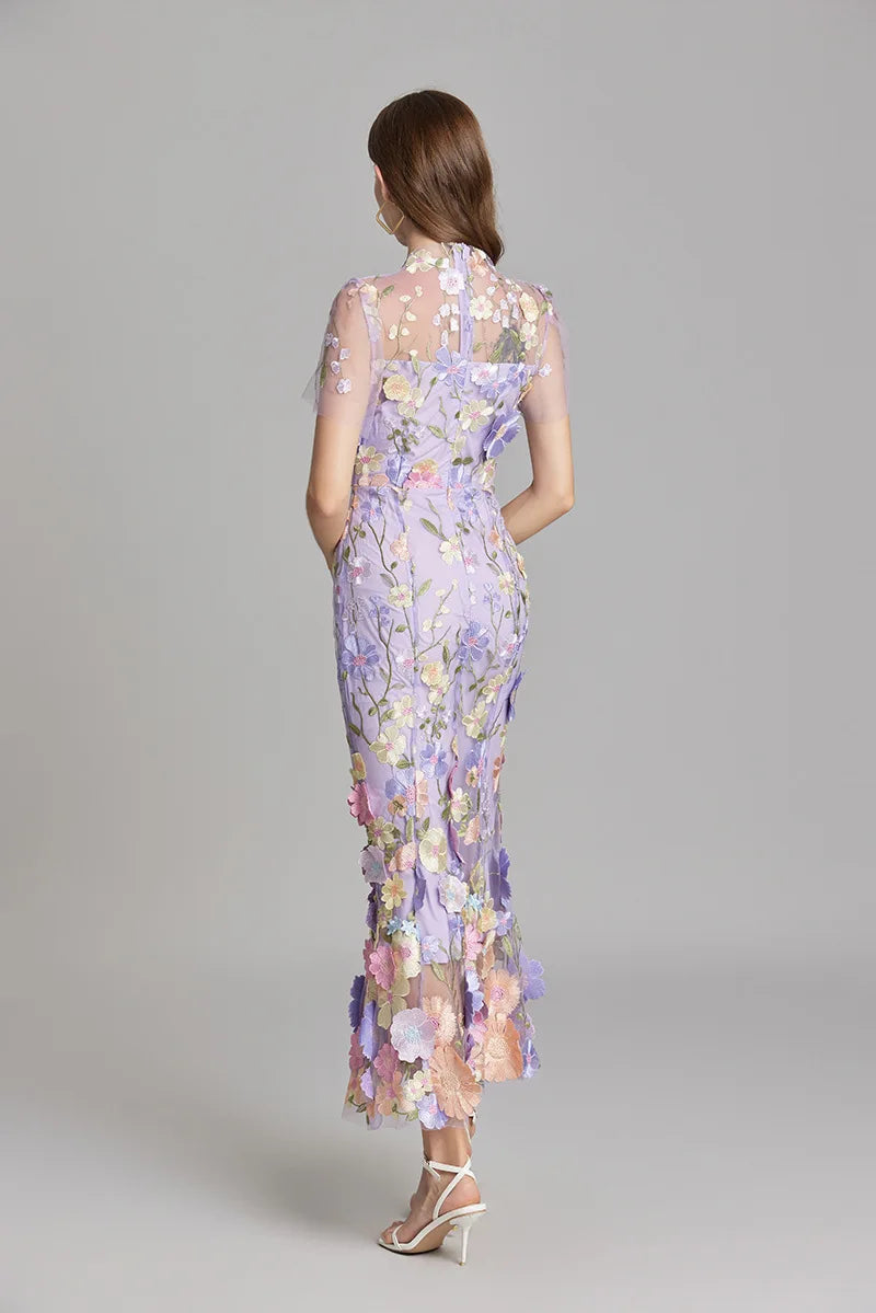 Maxi Dresses- Elegant Mesh Fishtail Dress with 3D Flower Appliqué- - IndioGear Women Clothing