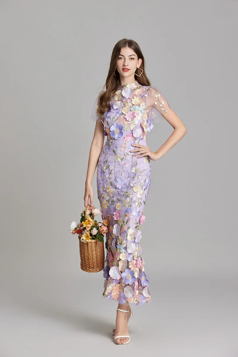 Maxi Dresses- Elegant Mesh Fishtail Dress with 3D Flower Appliqué- - IndioGear Women Clothing