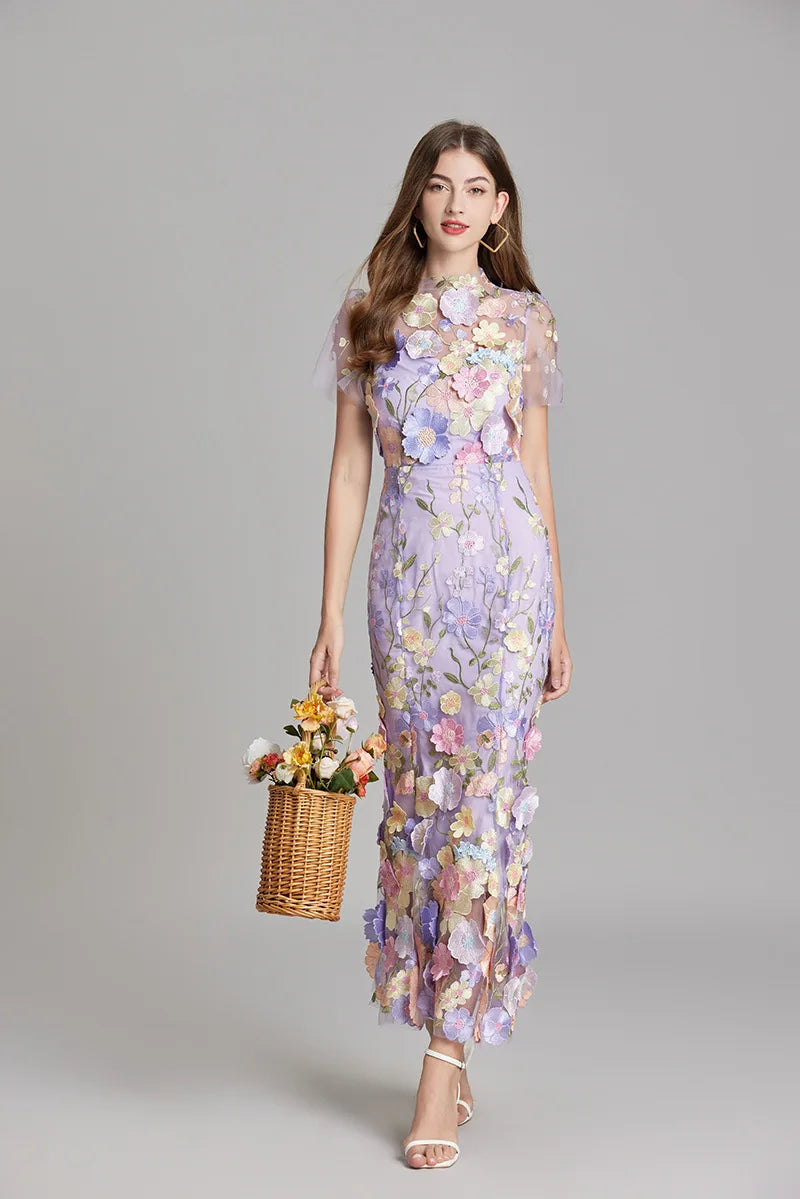 Maxi Dresses- Elegant Mesh Fishtail Dress with 3D Flower Appliqué- Lavender- IndioGear Women Clothing