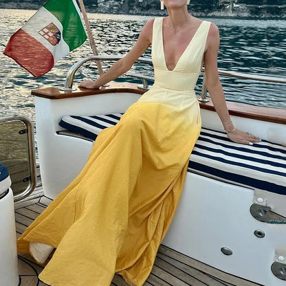 Maxi Dresses- Elegant Ombre V-Neck Floor-Length Gown Vacation Dress- Yellow- IndioGear.com