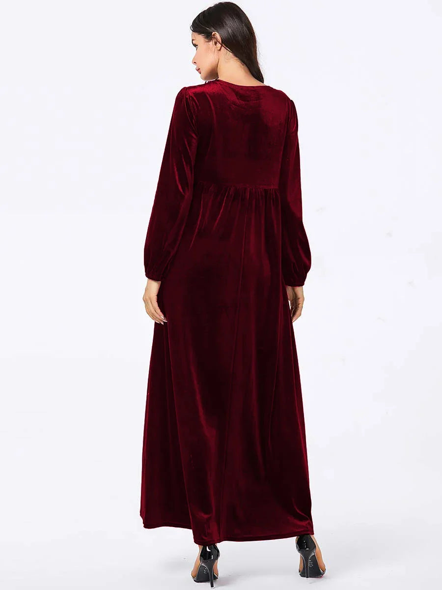 Maxi Dresses- Elegant Plus Size Empire Waist Velvet Long Sleeve Maxi Dress- - IndioGear.com