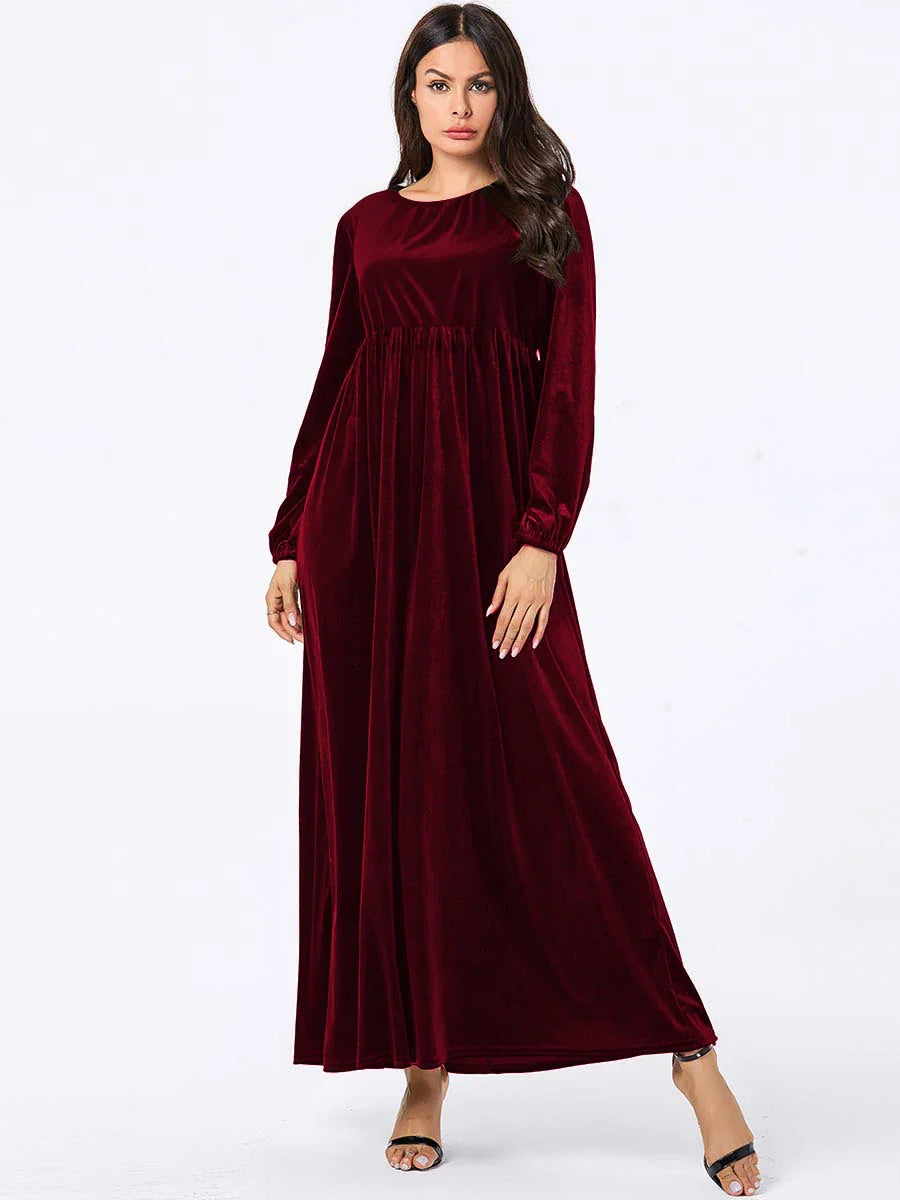 Maxi Dresses- Elegant Plus Size Empire Waist Velvet Long Sleeve Maxi Dress- Burgundy- IndioGear.com