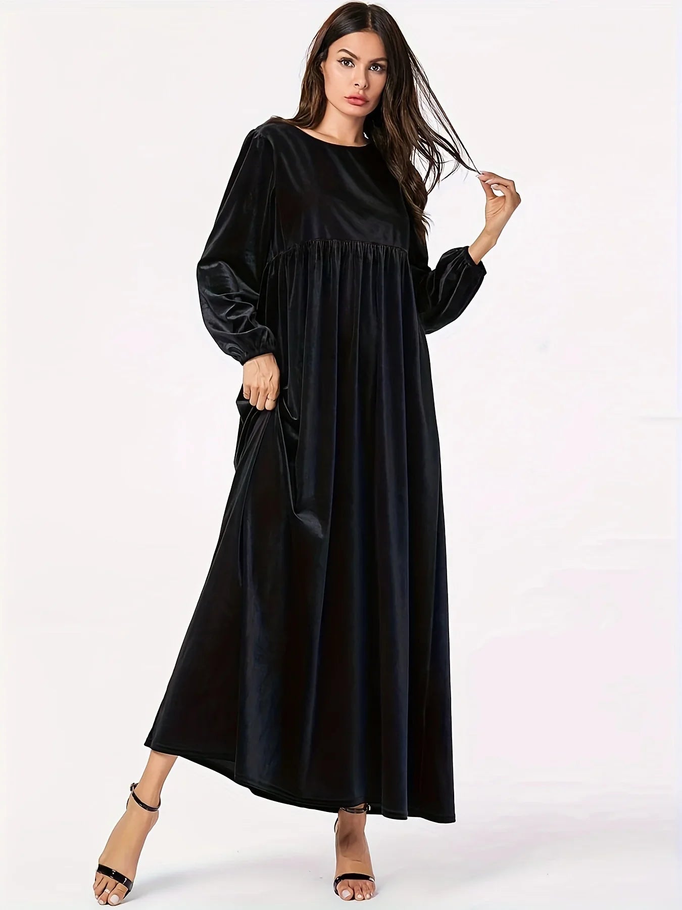 Maxi Dresses- Elegant Plus Size Empire Waist Velvet Long Sleeve Maxi Dress- - IndioGear.com