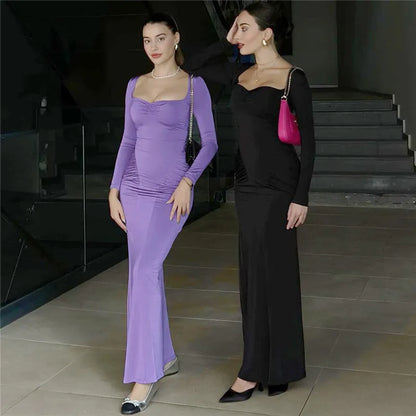 Maxi Dresses- Elegant Square Neck Maxi Dress- - IndioGear.com