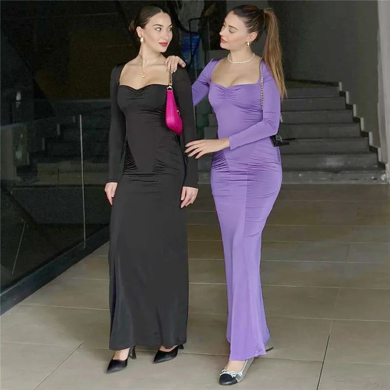 Maxi Dresses- Elegant Square Neck Maxi Dress- - IndioGear.com