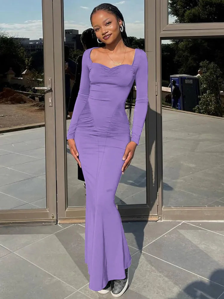 Maxi Dresses- Elegant Square Neck Maxi Dress- Purple- IndioGear.com