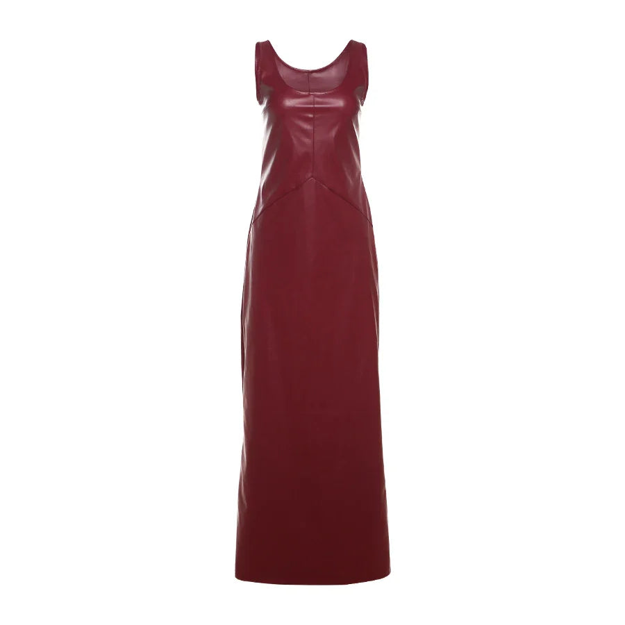 Maxi Dresses- Faux Leather Evening Maxi Dress – Perfect for Fall Parties- - IndioGear.com