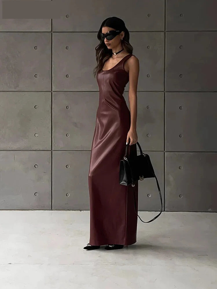 Maxi Dresses- Faux Leather Evening Maxi Dress – Perfect for Fall Parties- Claret- IndioGear.com