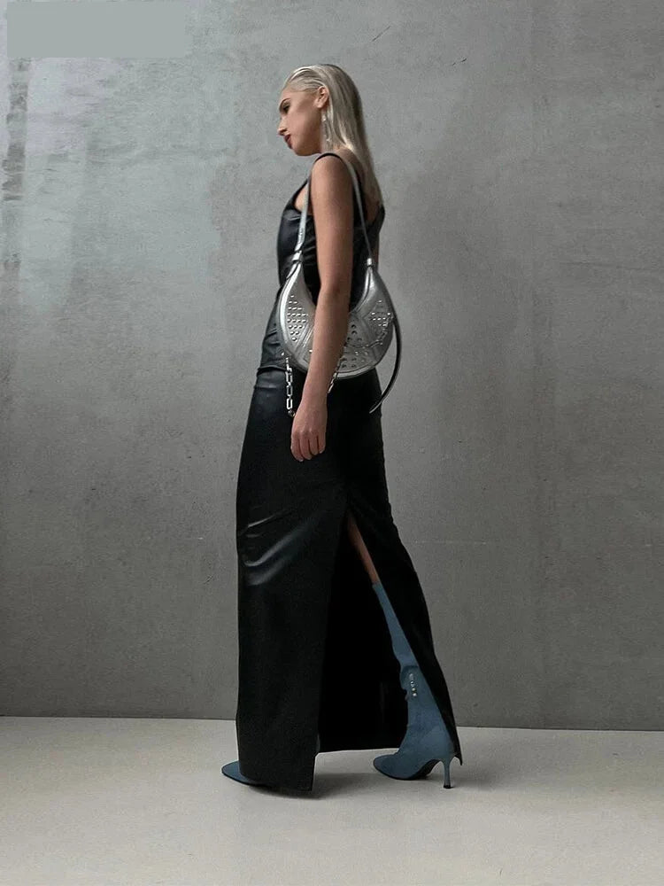 Maxi Dresses- Faux Leather Evening Maxi Dress – Perfect for Fall Parties- - IndioGear.com