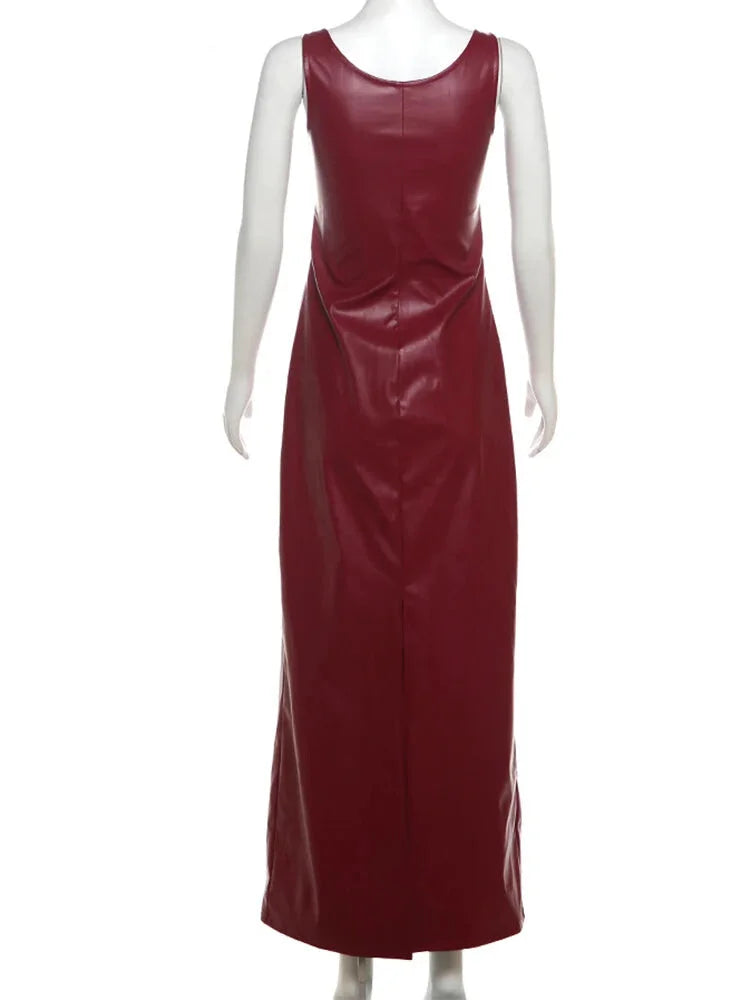 Maxi Dresses- Faux Leather Evening Maxi Dress – Perfect for Fall Parties- - IndioGear.com