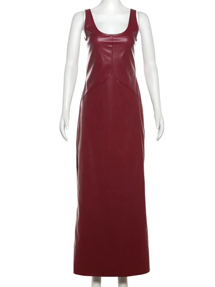 Maxi Dresses- Faux Leather Evening Maxi Dress – Perfect for Fall Parties- - IndioGear.com