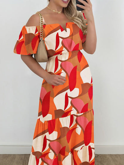 Maxi Dresses- Floral Off-Shoulder Maxi Dress for Outings & Parties- Orange- IndioGear Women Clothing