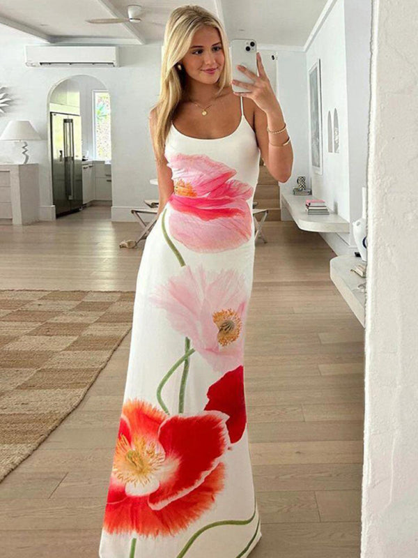 Maxi Dresses - Floral Vacation A-Line Cami Dress for Beach Events