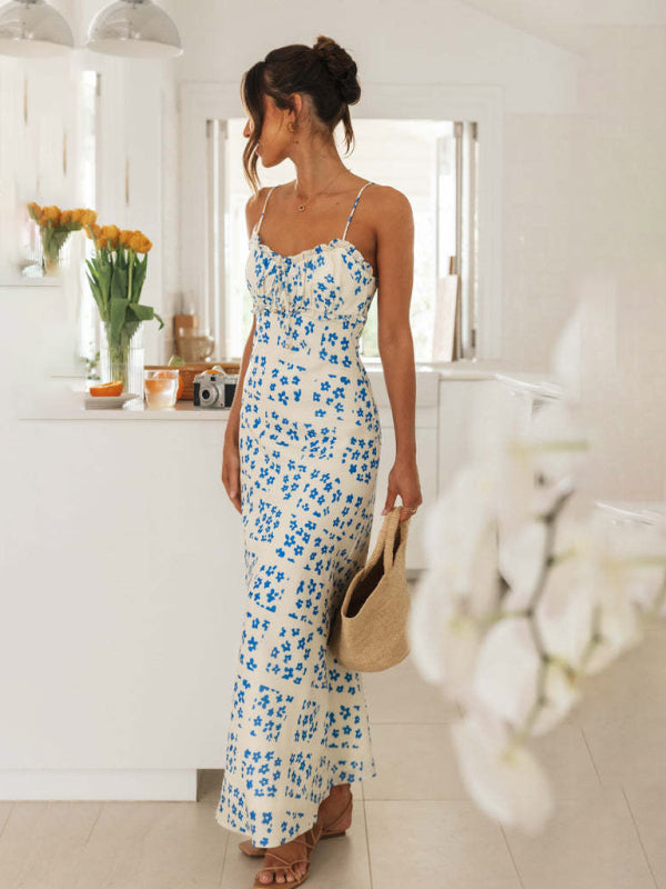 Maxi Dresses- Floral Vacation-ready Sheath Cami Maxi Dress with Frill Accents- - IndioGear Fashion and Gear