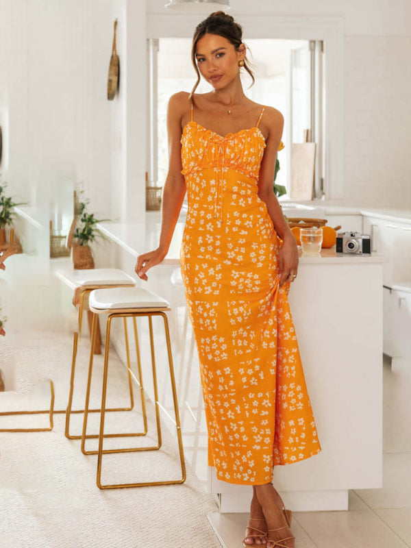 Maxi Dresses- Floral Vacation-ready Sheath Cami Maxi Dress with Frill Accents- Orange- IndioGear Fashion and Gear