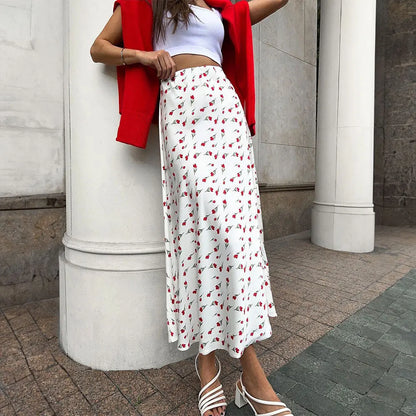 Maxi Dresses- Flourish Elegant Red Floral Maxi Skirt- White- IndioGear.com