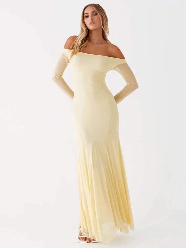 Maxi Dresses- Flowing Maxi Dress with Fitted Sleeves - Ideal for Formal Wear- Yellow- IndioGear.com