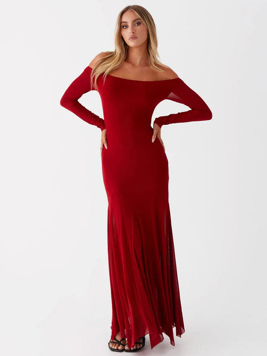 Maxi Dresses- Flowing Maxi Dress with Fitted Sleeves - Ideal for Formal Wear- Red- IndioGear.com