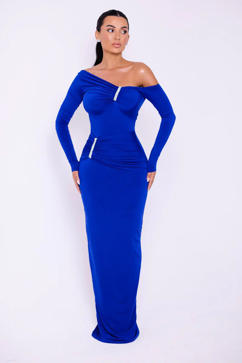 Maxi Dresses - Glam Crystal Ruched Off-Shoulder Maxi Dress