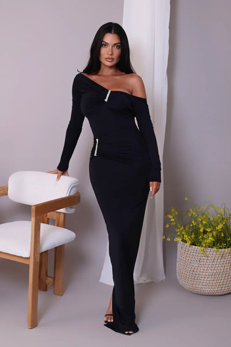 Maxi Dresses - Glam Crystal Ruched Off-Shoulder Maxi Dress