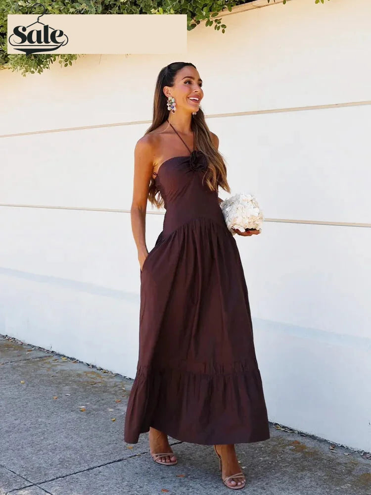 Maxi Dresses- Halter Neck Ruffle Maxi Dress for Outdoor Gatherings- - IndioGear.com